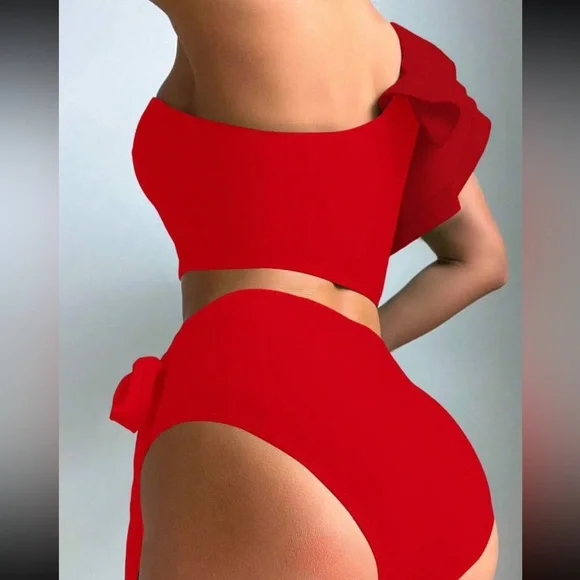 Black Swimsuit Swear wear Ruffle Trim One Shoulder Top High Waist Bottom - Picture 5 of 15